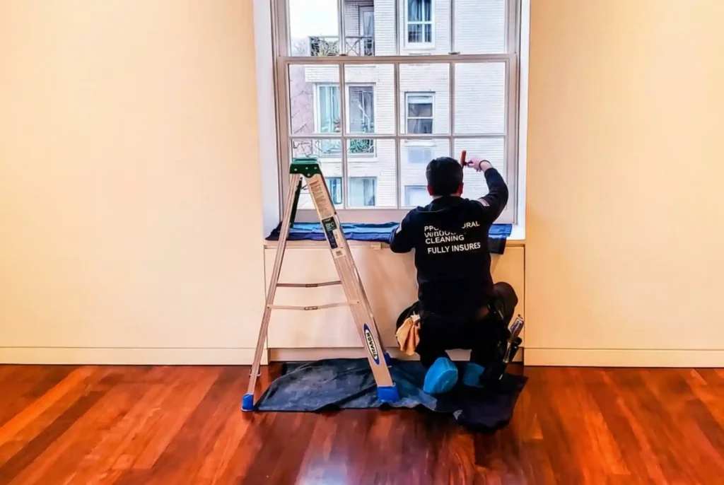 Fully insured window cleaning technician kneeling on a drop cloth to clean a divided-light double-hung window in a New York City apartment