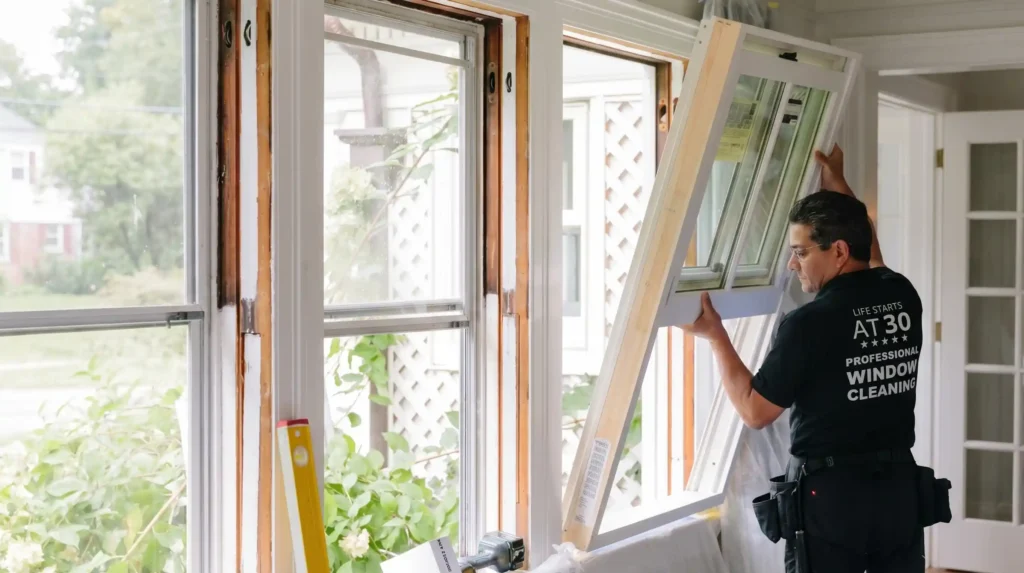 BAWC company technician installing a full-frame replacement window inside a house