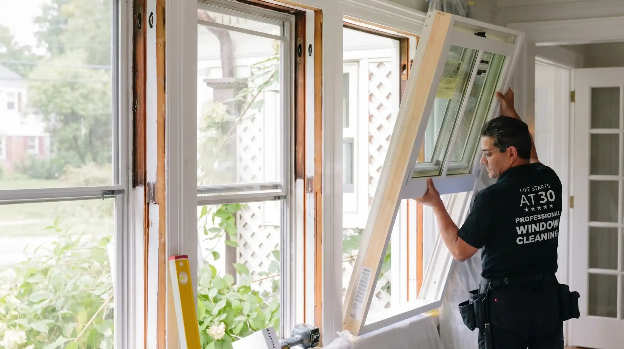 BAWC company technician installing a full-frame replacement window inside a house