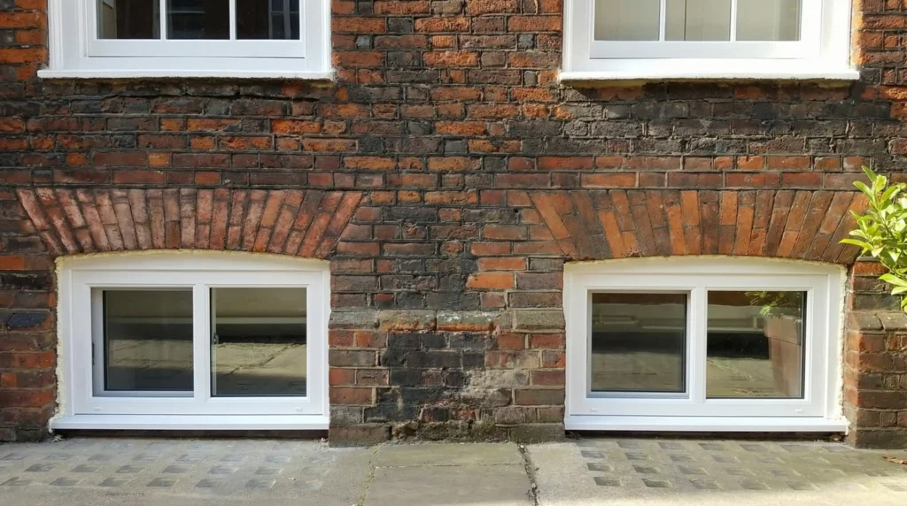 Two new white vinyl basement windows installed in arched brick openings at sidewalk level on a pre-war building